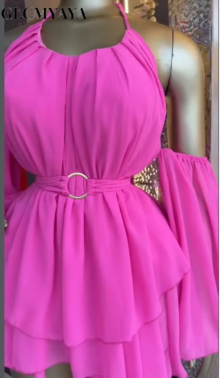 CM.YAYA Women Drop Shoulder Halter Neck Bow Backless Mini Chiffon Dress 2026 Street Beach Party Education Dresses Vestidos CM.YAYA Women Drop Shoulder Halter Neck Bow Backless Mini Chiffon Dress 2026 Street Beach Party Education Dresses Vestidos