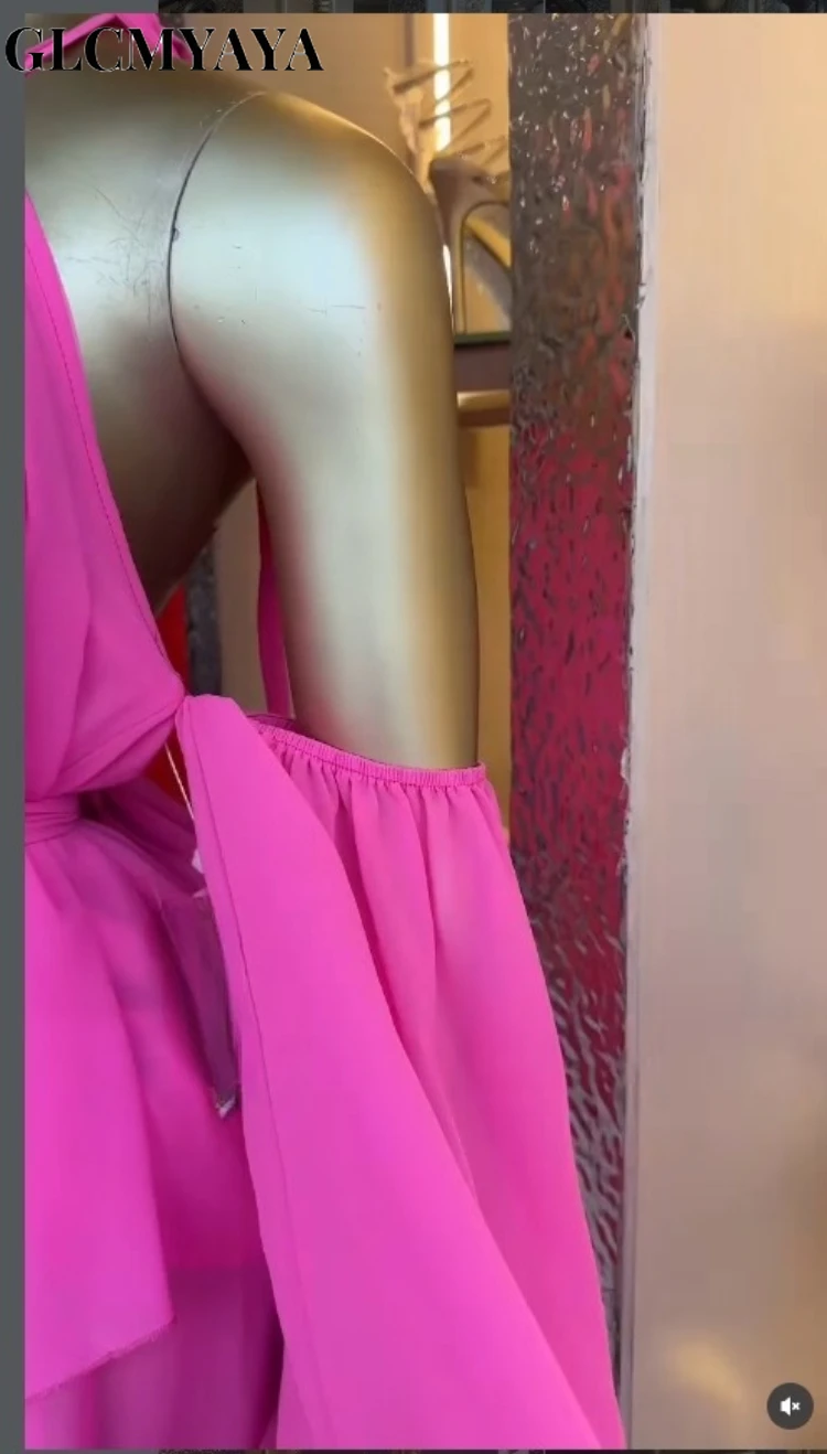 CM.YAYA Women Drop Shoulder Halter Neck Bow Backless Mini Chiffon Dress 2026 Street Beach Party Education Dresses Vestidos