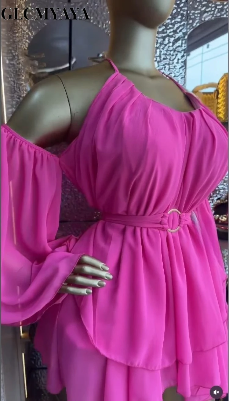 CM.YAYA Women Drop Shoulder Halter Neck Bow Backless Mini Chiffon Dress 2026 Street Beach Party Education Dresses Vestidos