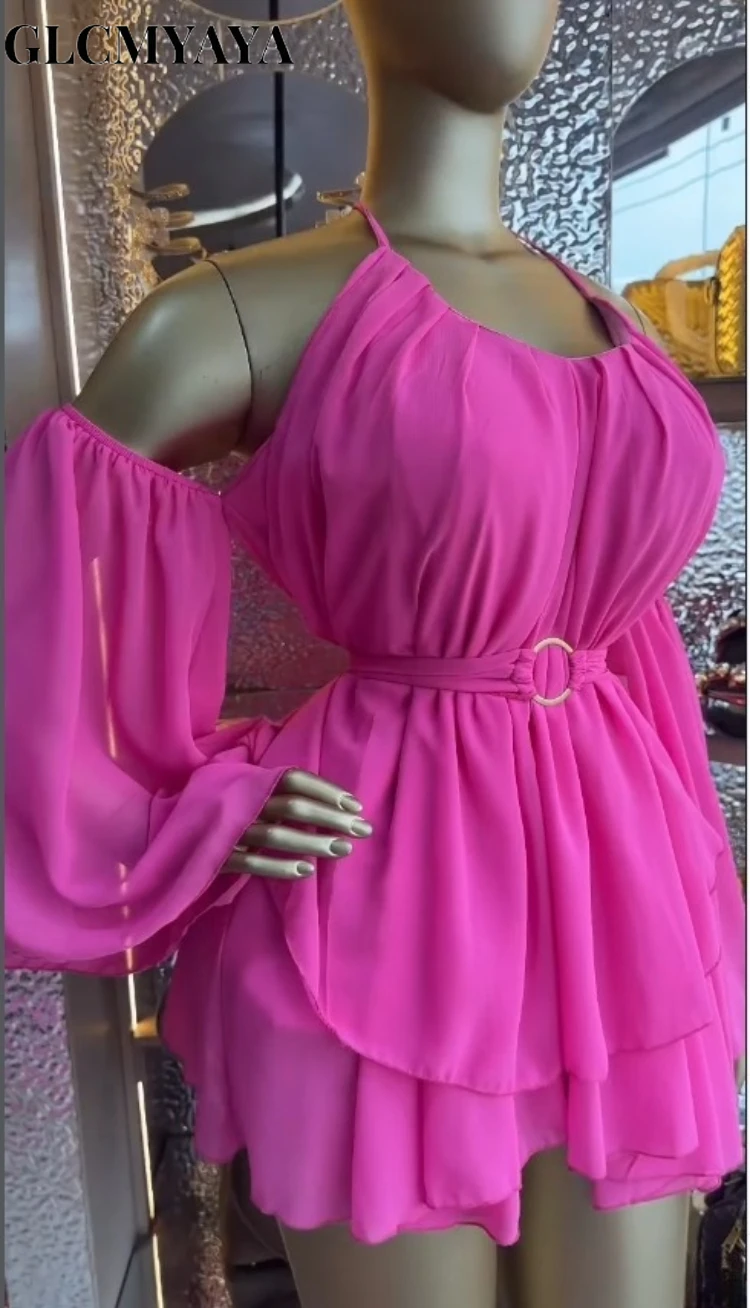 CM.YAYA Women Drop Shoulder Halter Neck Bow Backless Mini Chiffon Dress 2026 Street Beach Party Education Dresses Vestidos CM.YAYA Women Drop Shoulder Halter Neck Bow Backless Mini Chiffon Dress 2026 Street Beach Party Education Dresses Vestidos