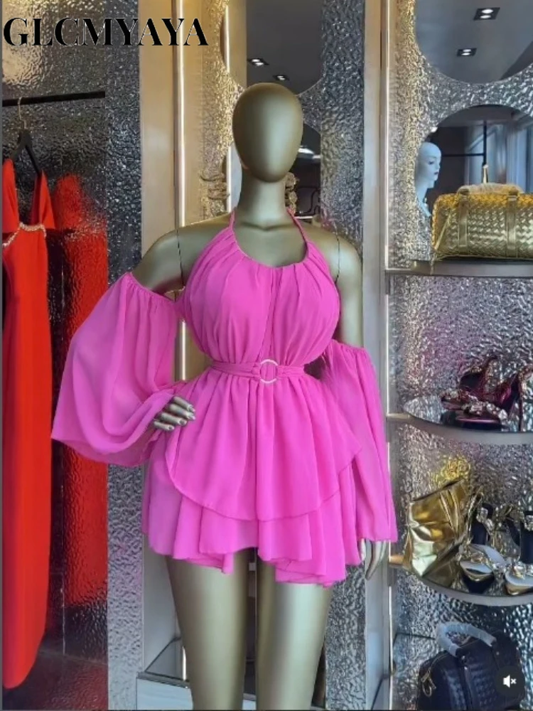 CM.YAYA Women Drop Shoulder Halter Neck Bow Backless Mini Chiffon Dress 2026 Street Beach Party Education Dresses Vestidos