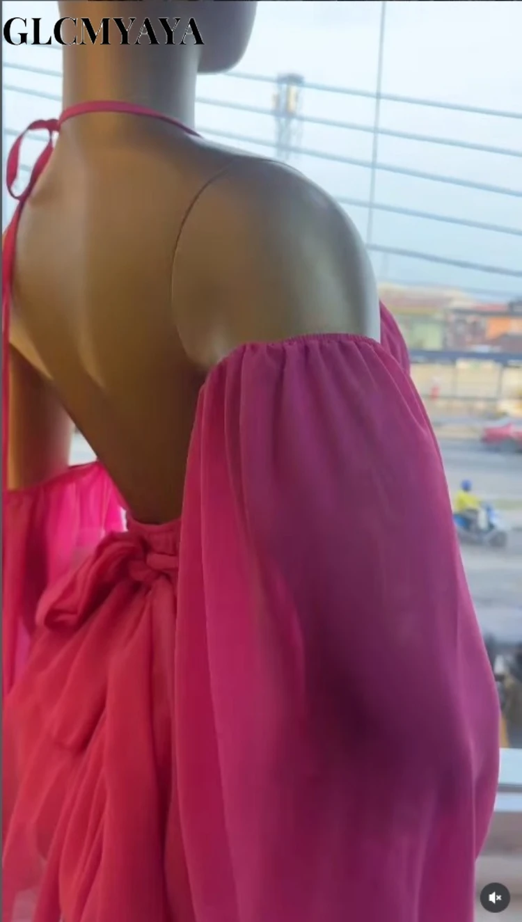 CM.YAYA Women Drop Shoulder Halter Neck Bow Backless Mini Chiffon Dress 2026 Street Beach Party Education Dresses Vestidos CM.YAYA Women Drop Shoulder Halter Neck Bow Backless Mini Chiffon Dress 2026 Street Beach Party Education Dresses Vestidos