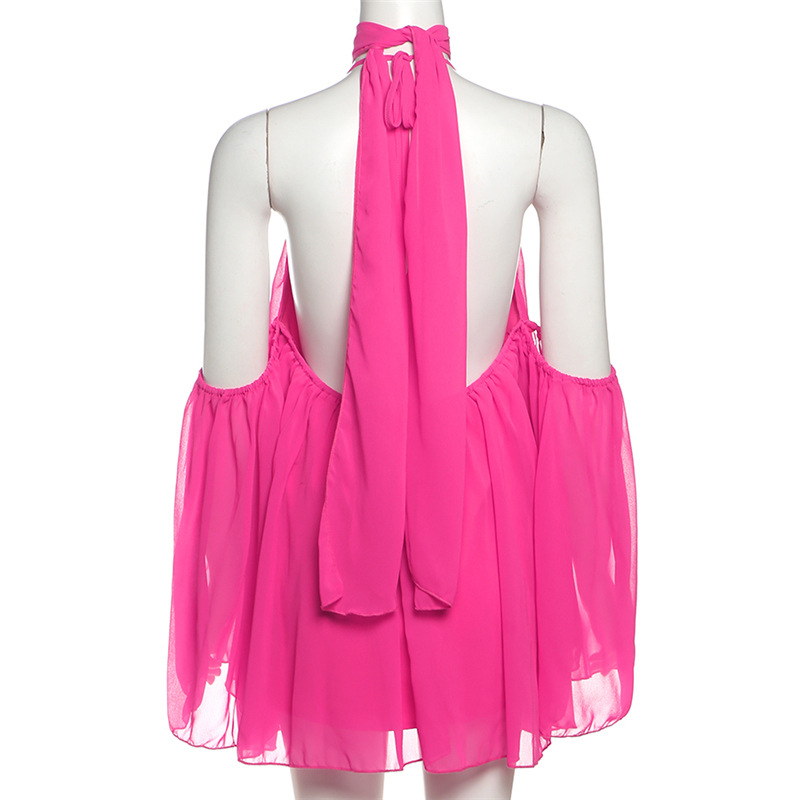 CM.YAYA Women Drop Shoulder Halter Neck Bow Backless Mini Chiffon Dress 2026 Street Beach Party Education Dresses Vestidos CM.YAYA Women Drop Shoulder Halter Neck Bow Backless Mini Chiffon Dress 2026 Street Beach Party Education Dresses Vestidos