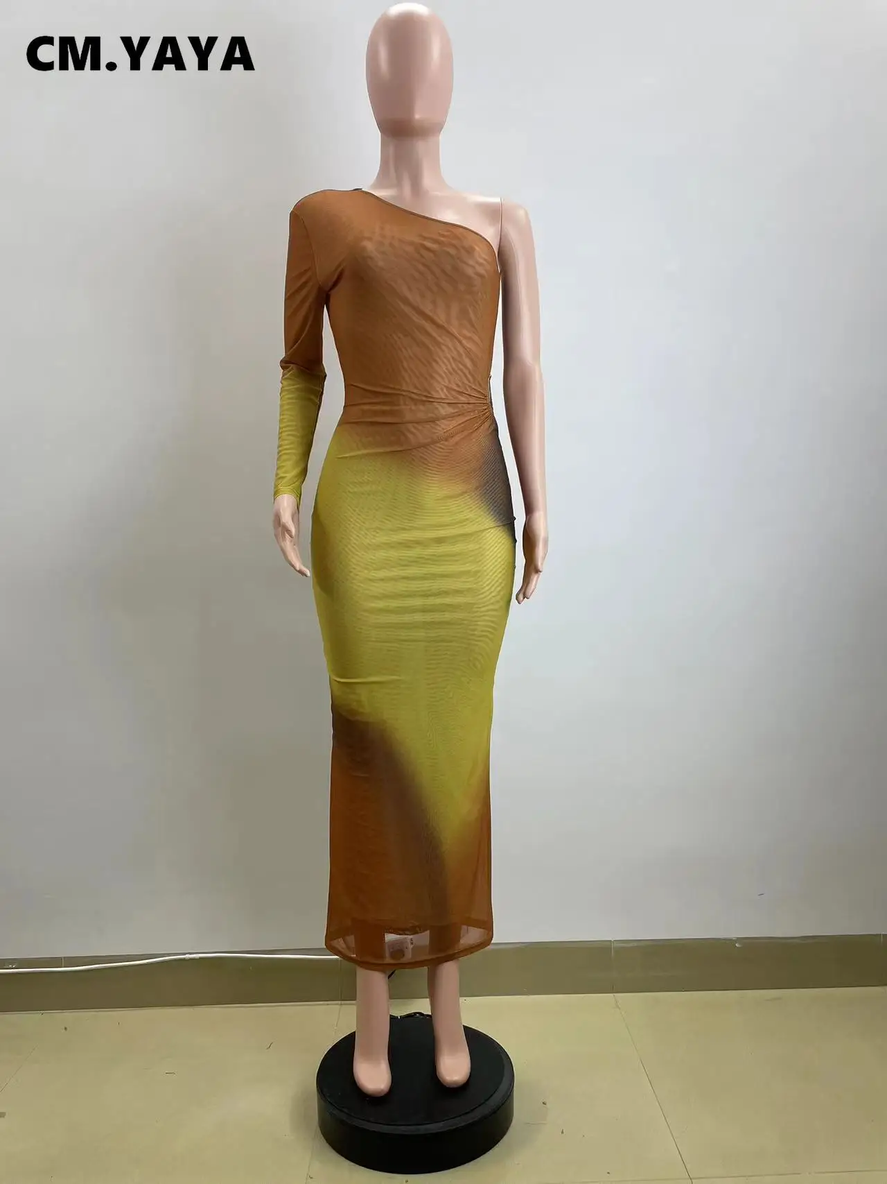 CM.YAYA Autumn One Full Sleeve Skew Collar Long Maxi Dress Street Women Mesh See Through Party Night Evening Vestidos Dresses