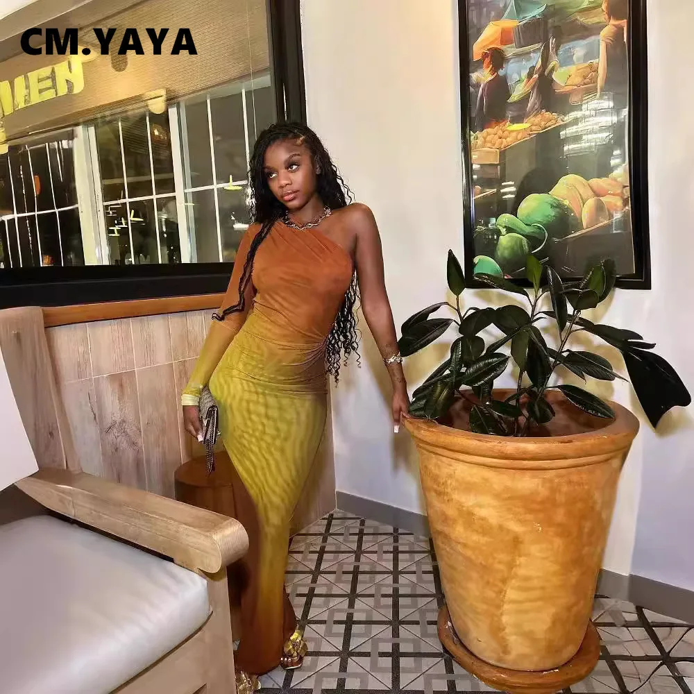 CM.YAYA Autumn One Full Sleeve Skew Collar Long Maxi Dress Street Women Mesh See Through Party Night Evening Vestidos Dresses