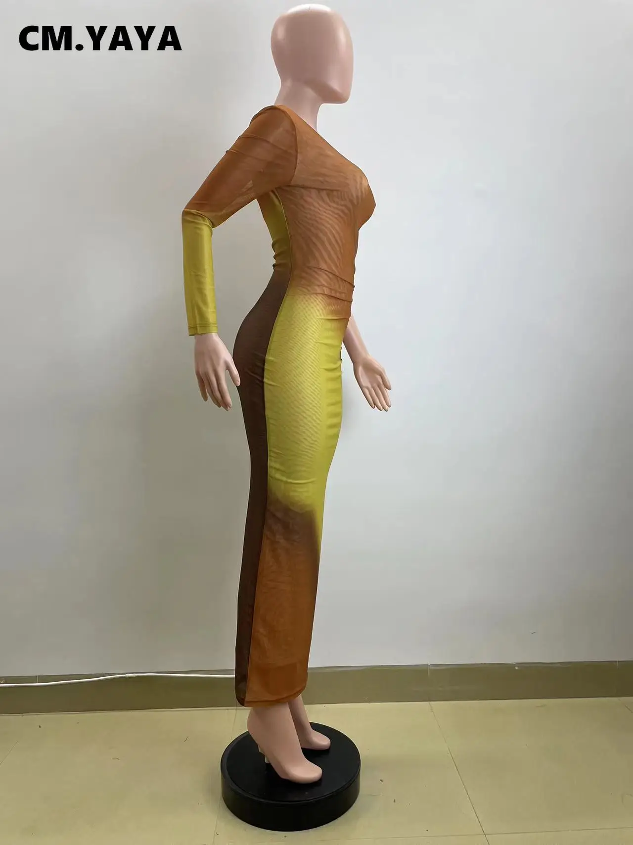 CM.YAYA Autumn One Full Sleeve Skew Collar Long Maxi Dress Street Women Mesh See Through Party Night Evening Vestidos Dresses