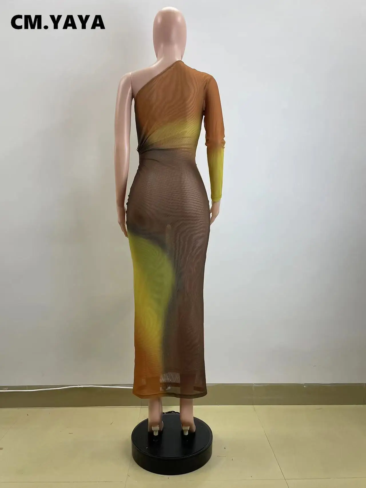 CM.YAYA Autumn One Full Sleeve Skew Collar Long Maxi Dress Street Women Mesh See Through Party Night Evening Vestidos Dresses