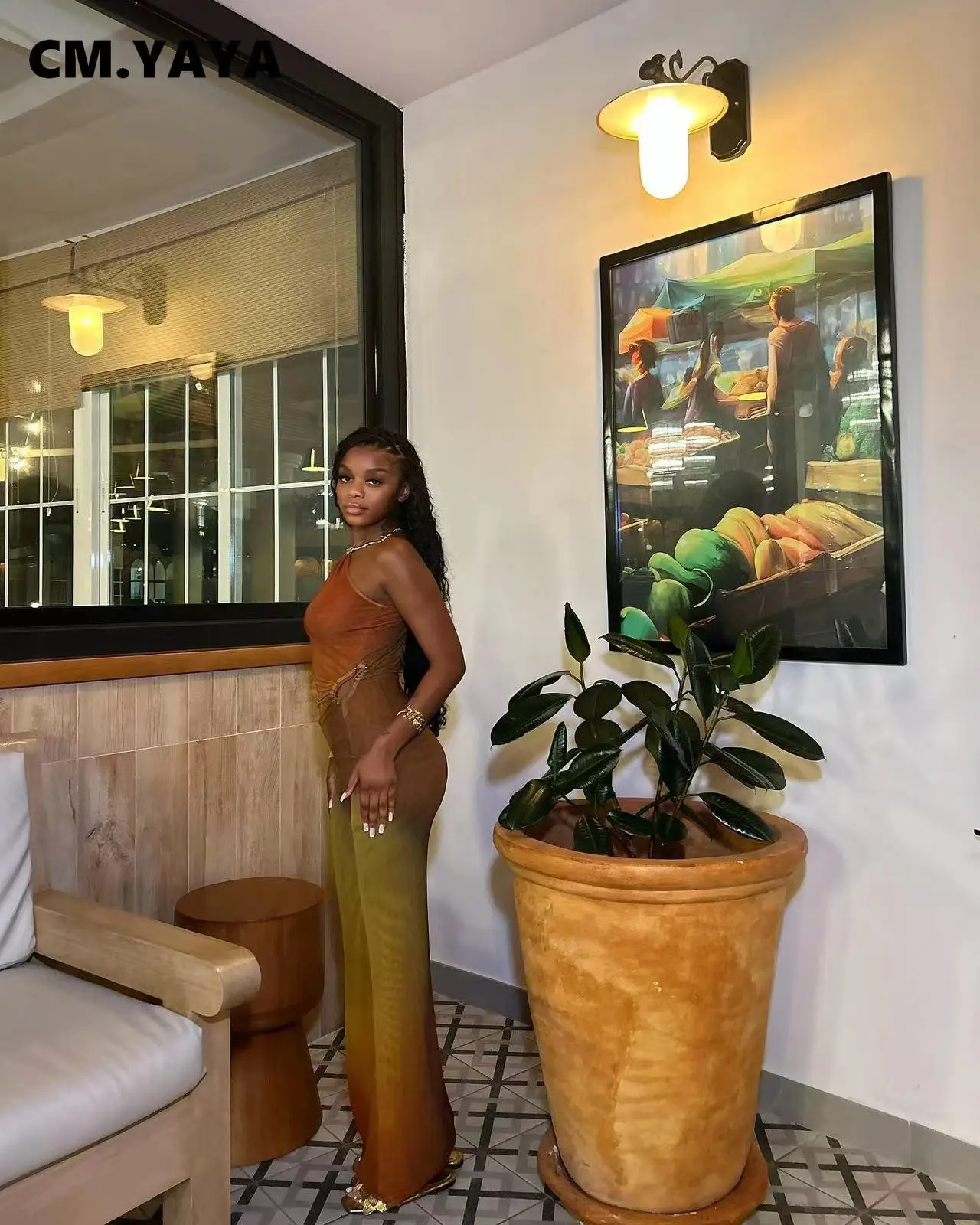 CM.YAYA Autumn One Full Sleeve Skew Collar Long Maxi Dress Street Women Mesh See Through Party Night Evening Vestidos Dresses