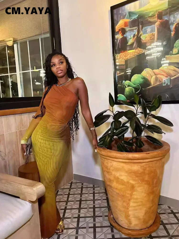 CM.YAYA Autumn One Full Sleeve Skew Collar Long Maxi Dress Street Women Mesh See Through Party Night Evening Vestidos Dresses