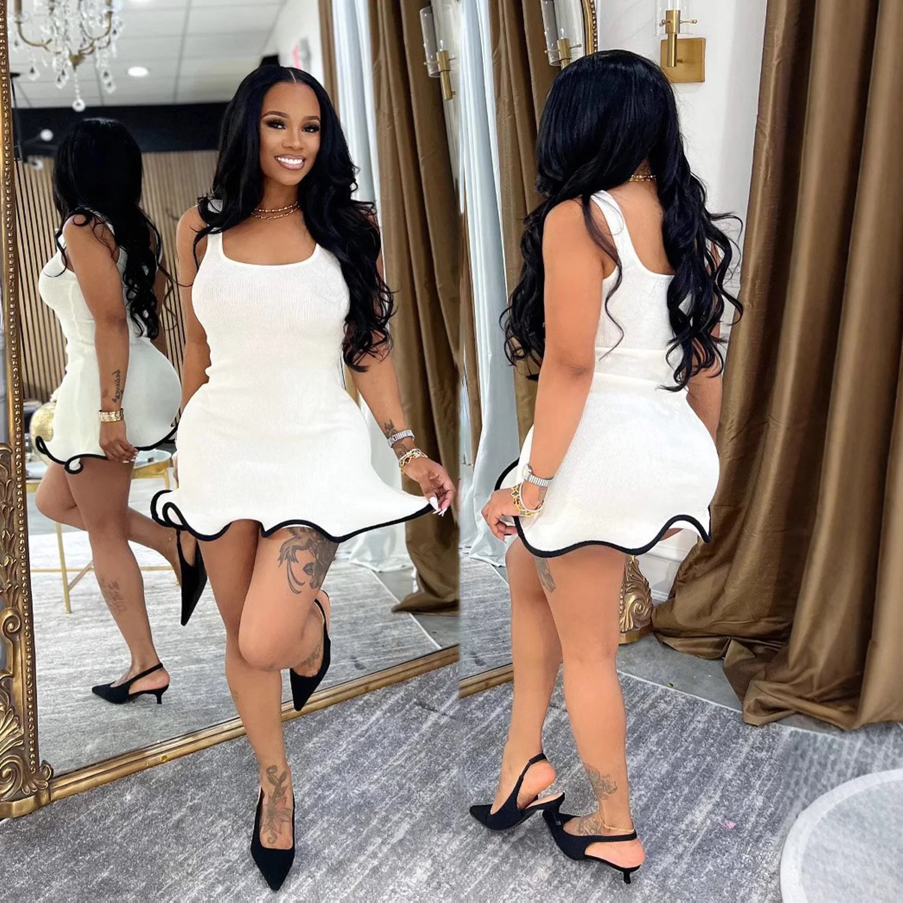 CM.YAYA Women Sleeveless O-neck Tank Mini Dress 2025 Summer Slim Sexy Sweet Club Party Evening High Street Ruffles Dresses