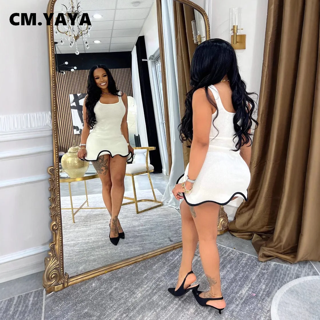 CM.YAYA Women Sleeveless O-neck Tank Mini Dress 2025 Summer Slim Sexy Sweet Club Party Evening High Street Ruffles Dresses