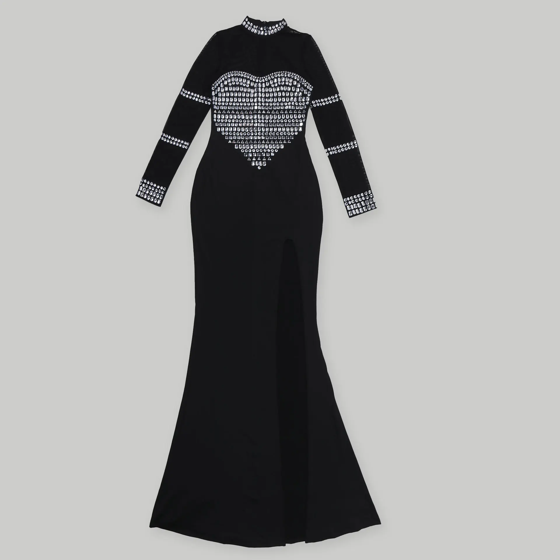 CM.YAYA Women Full Sleeve Diamonds Mesh Rhinestones High Side Split Mermaid Maxi Long Dress Evening Sexy Party Dresses Vestidos