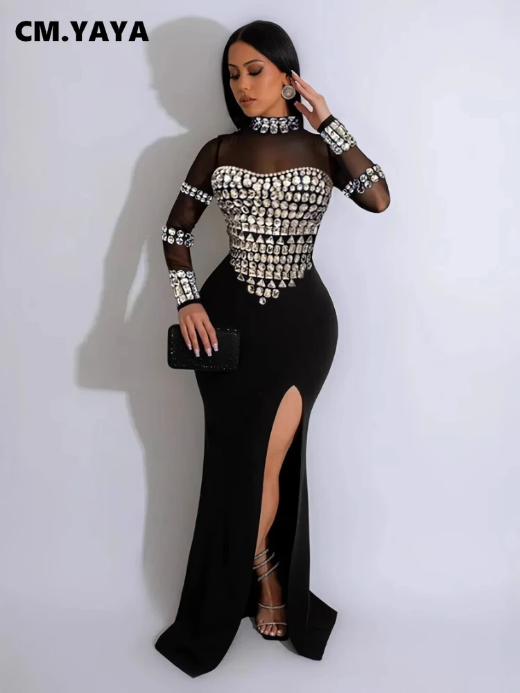 CM.YAYA Women Full Sleeve Diamonds Mesh Rhinestones High Side Split Mermaid Maxi Long Dress Evening Sexy Party Dresses Vestidos