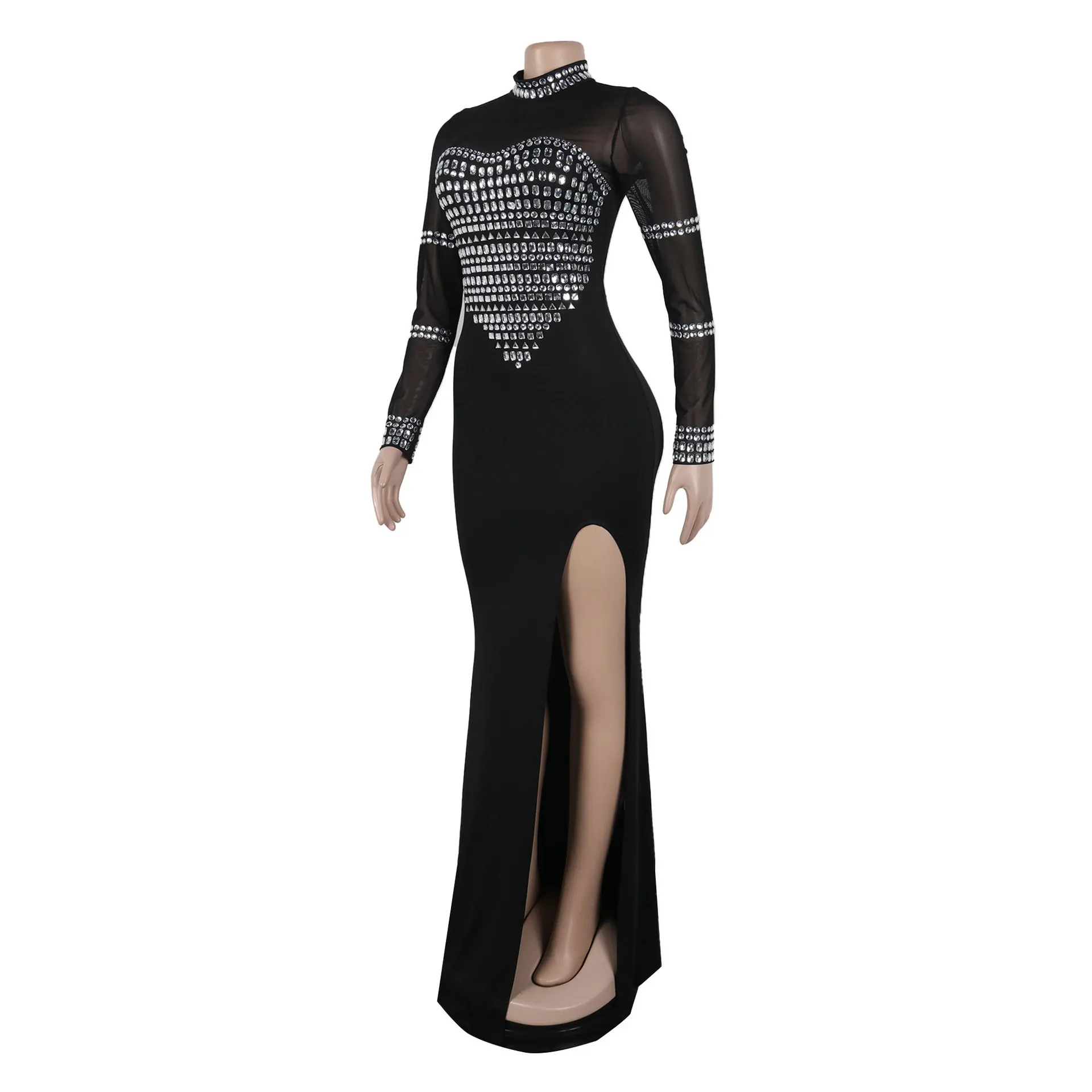 CM.YAYA Women Full Sleeve Diamonds Mesh Rhinestones High Side Split Mermaid Maxi Long Dress Evening Sexy Party Dresses Vestidos CM.YAYA Women Full Sleeve Diamonds Mesh Rhinestones High Side Split Mermaid Maxi Long Dress Evening Sexy Party Dresses Vestidos