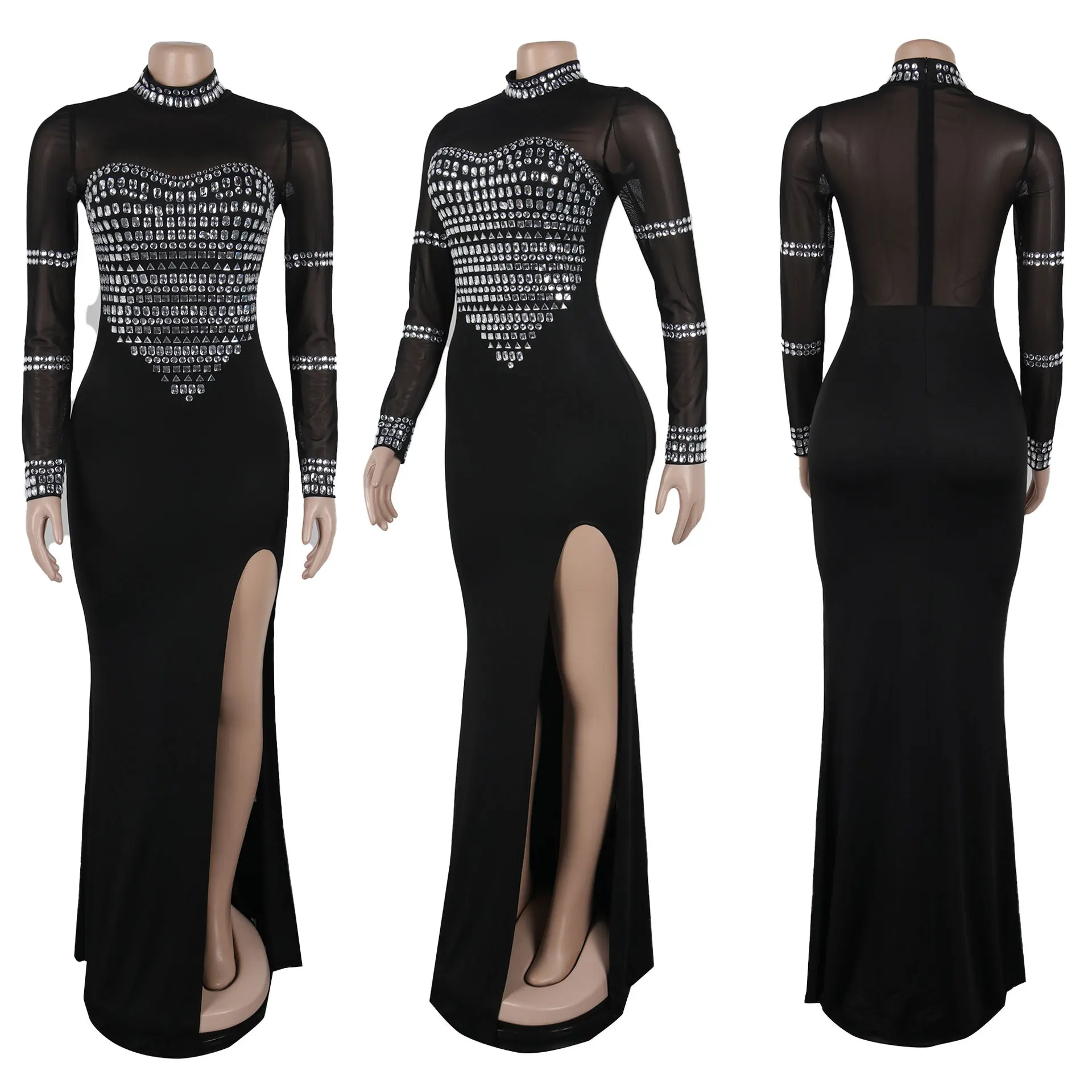 CM.YAYA Women Full Sleeve Diamonds Mesh Rhinestones High Side Split Mermaid Maxi Long Dress Evening Sexy Party Dresses Vestidos CM.YAYA Women Full Sleeve Diamonds Mesh Rhinestones High Side Split Mermaid Maxi Long Dress Evening Sexy Party Dresses Vestidos