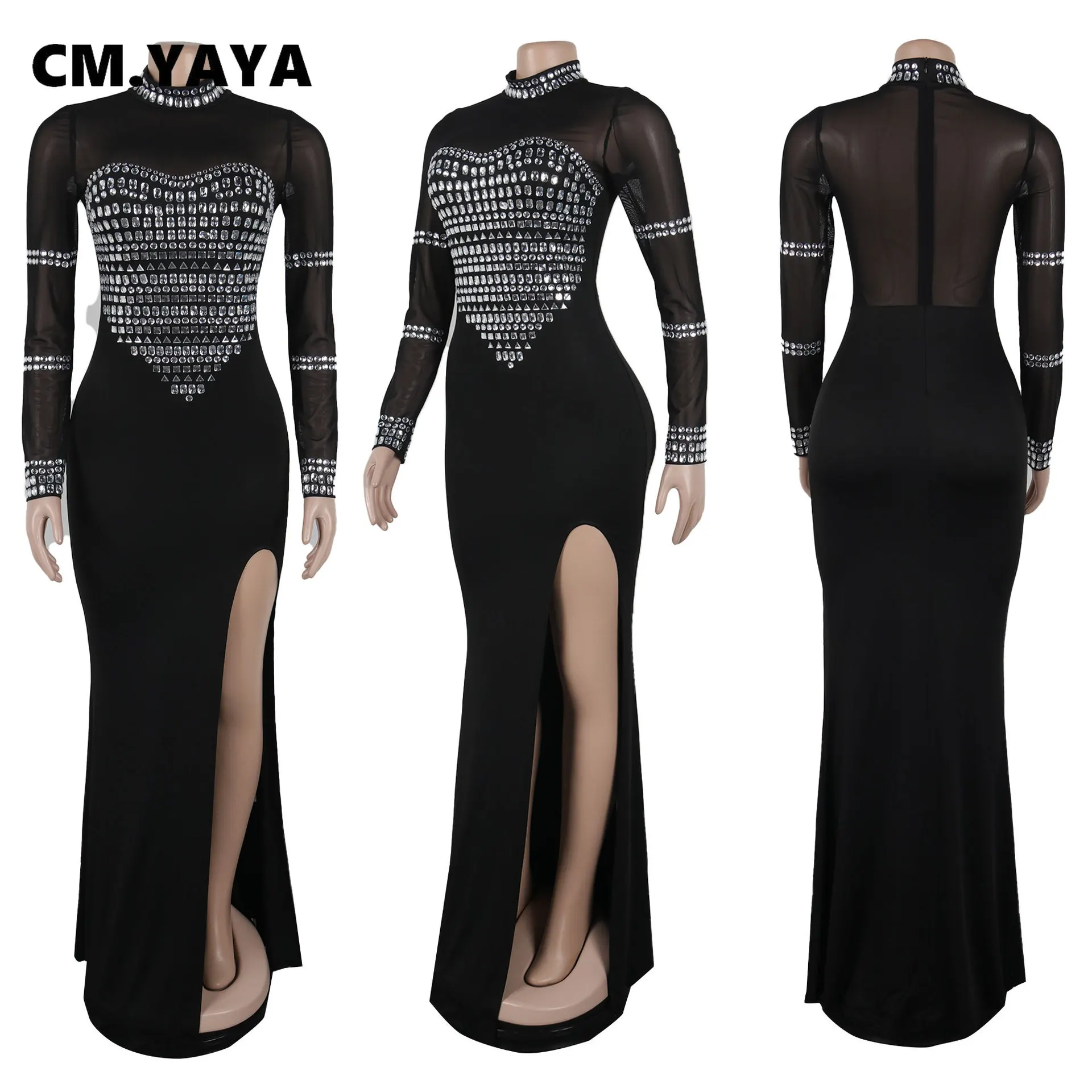 CM.YAYA Women Full Sleeve Diamonds Mesh Rhinestones High Side Split Mermaid Maxi Long Dress Evening Sexy Party Dresses Vestidos