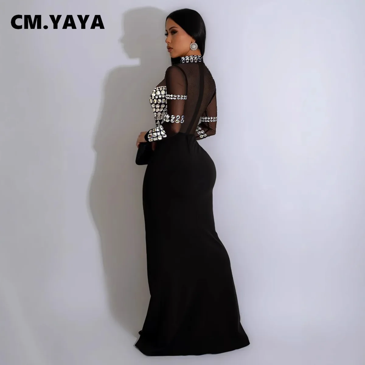 CM.YAYA Women Full Sleeve Diamonds Mesh Rhinestones High Side Split Mermaid Maxi Long Dress Evening Sexy Party Dresses Vestidos