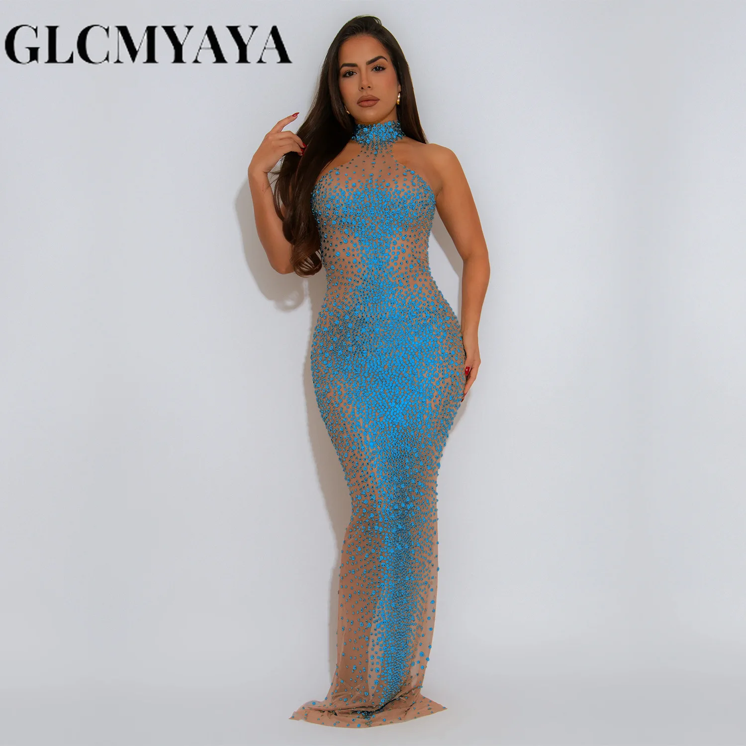 GLCMYAYA Women Sleeveless Turtleneck Hot Rhinestones Bodycon Maxi Dress Sexy Club Party Cocktail Birthday Evening Long Dress