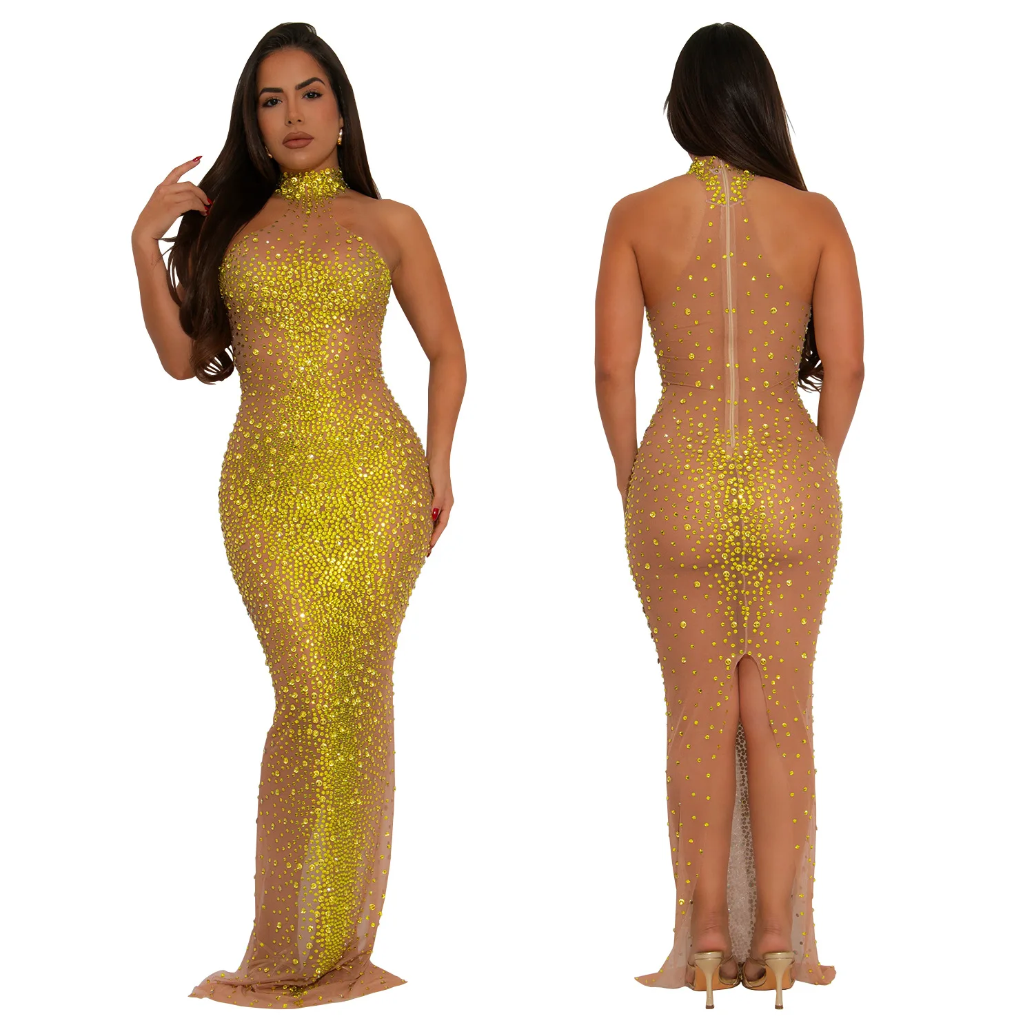 GLCMYAYA Women Sleeveless Turtleneck Hot Rhinestones Bodycon Maxi Dress Sexy Club Party Cocktail Birthday Evening Long Dress