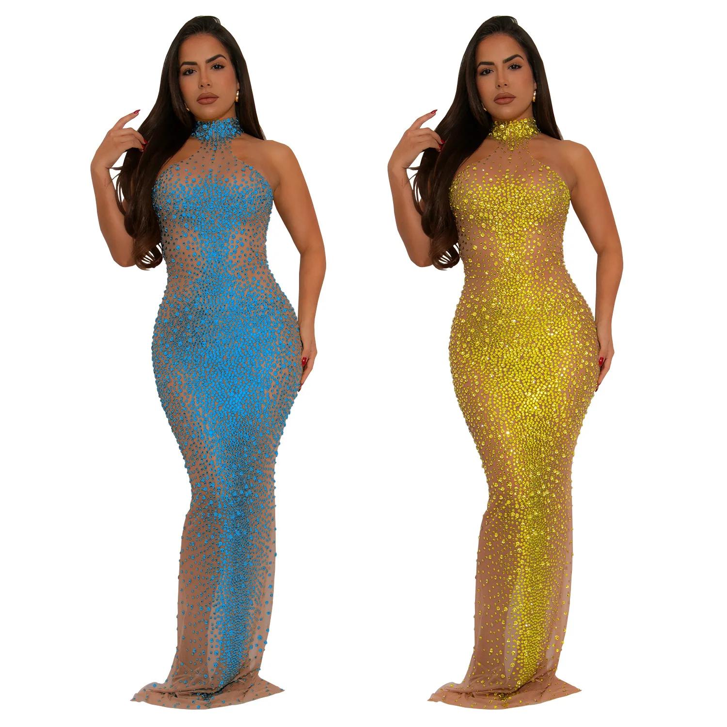 GLCMYAYA Women Sleeveless Turtleneck Hot Rhinestones Bodycon Maxi Dress Sexy Club Party Cocktail Birthday Evening Long Dress