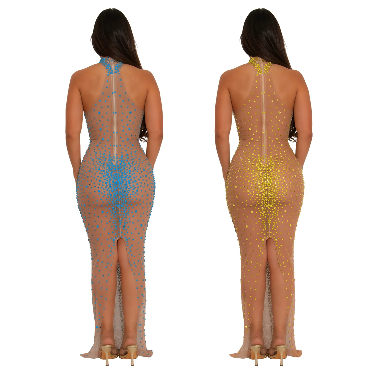 GLCMYAYA Women Sleeveless Turtleneck Hot Rhinestones Bodycon Maxi Dress Sexy Club Party Cocktail Birthday Evening Long Dress