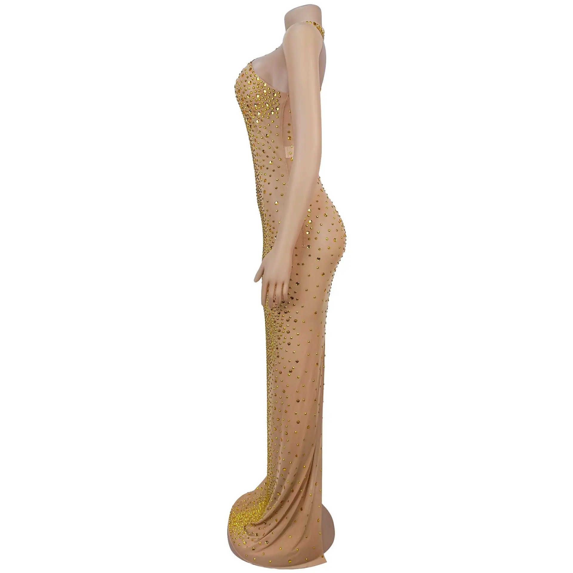 GLCMYAYA Women Sleeveless Turtleneck Hot Rhinestones Bodycon Maxi Dress Sexy Club Party Cocktail Birthday Evening Long Dress