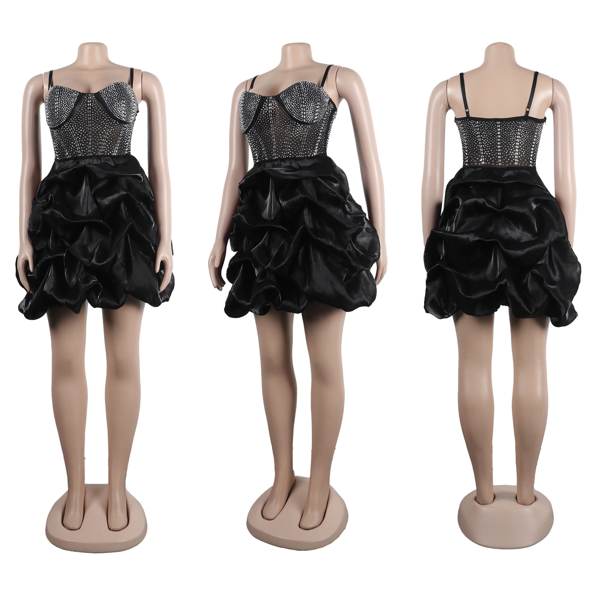 CM.YAYA Women Mesh Diamonds Hot Rhinestones Cake Style Big Swing Strap Bodycon Midi Dress 2023 Sexy Party Even Dresses Vestidos