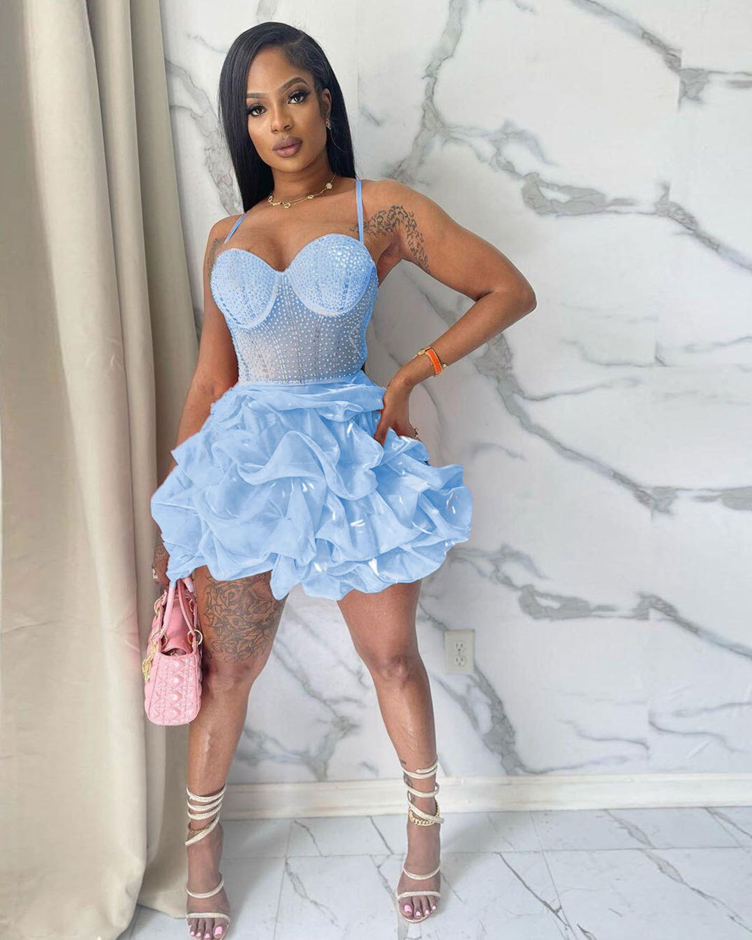 CM.YAYA Women Mesh Diamonds Hot Rhinestones Cake Style Big Swing Strap Bodycon Midi Dress 2023 Sexy Party Even Dresses Vestidos