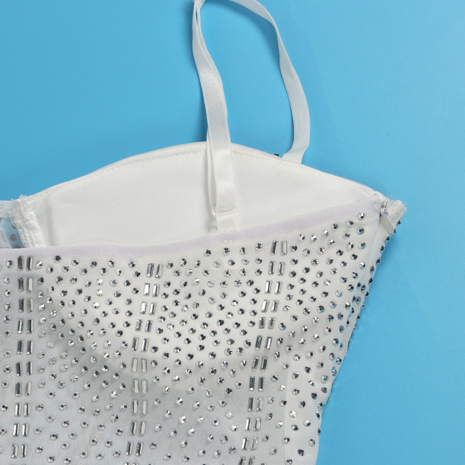 CM.YAYA Women Mesh Diamonds Hot Rhinestones Cake Style Big Swing Strap Bodycon Midi Dress 2023 Sexy Party Even Dresses Vestidos