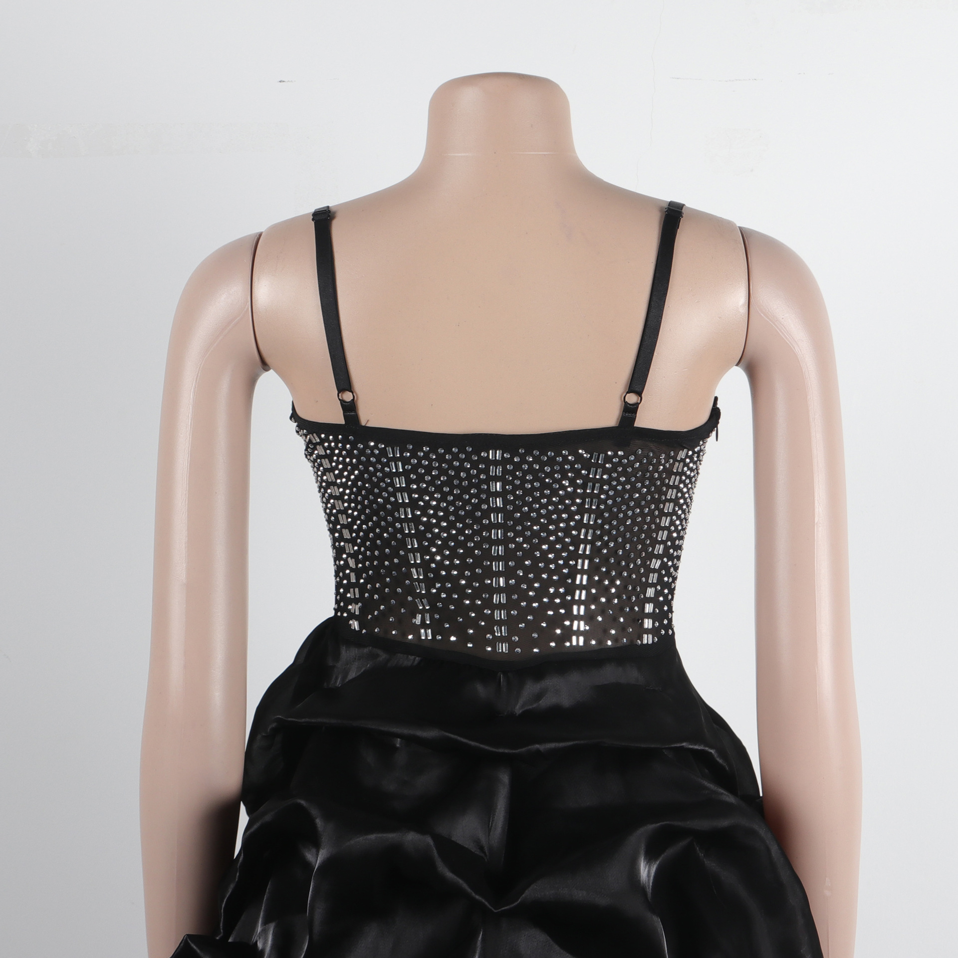 CM.YAYA Women Mesh Diamonds Hot Rhinestones Cake Style Big Swing Strap Bodycon Midi Dress 2023 Sexy Party Even Dresses Vestidos