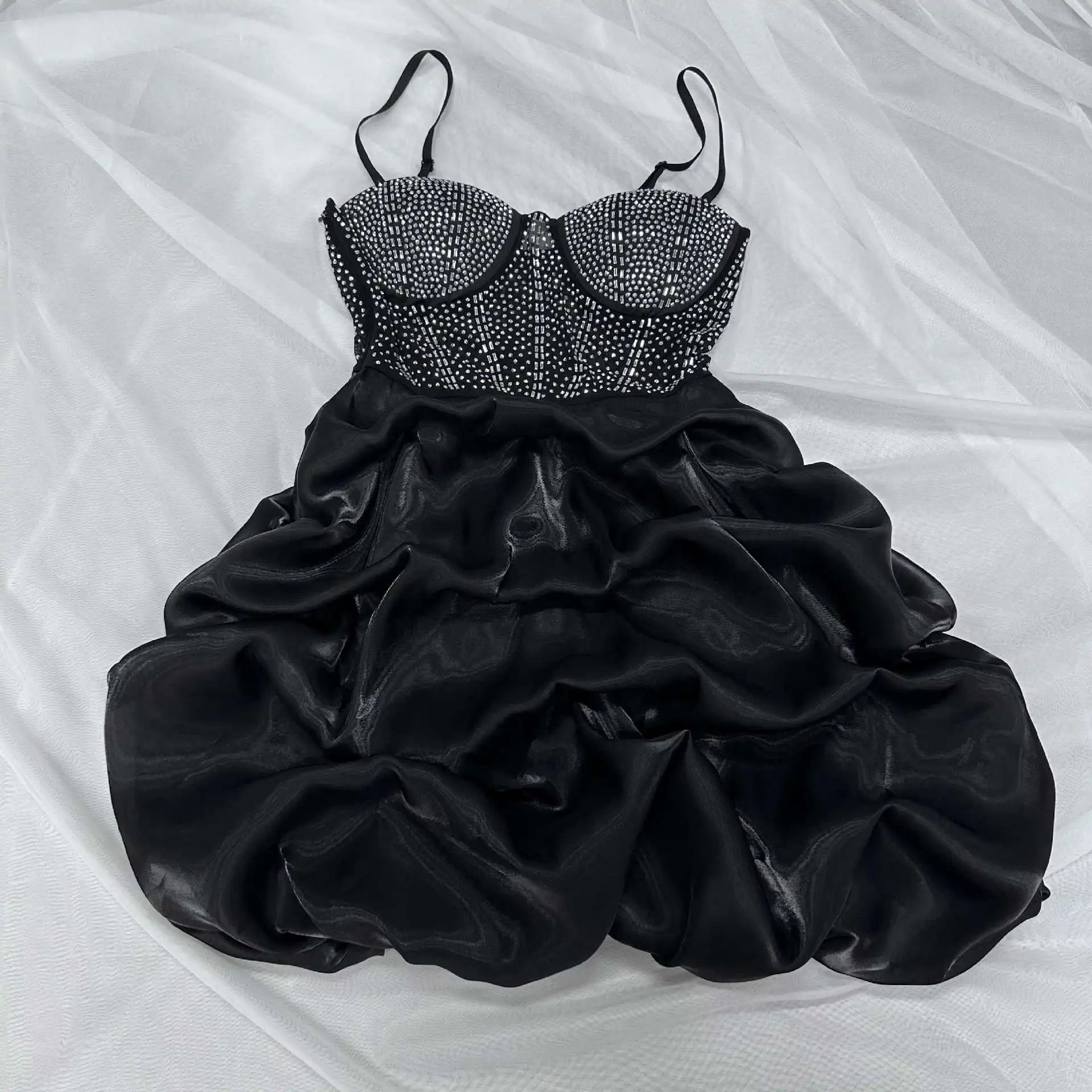 CM.YAYA Women Mesh Diamonds Hot Rhinestones Cake Style Big Swing Strap Bodycon Midi Dress 2023 Sexy Party Even Dresses Vestidos