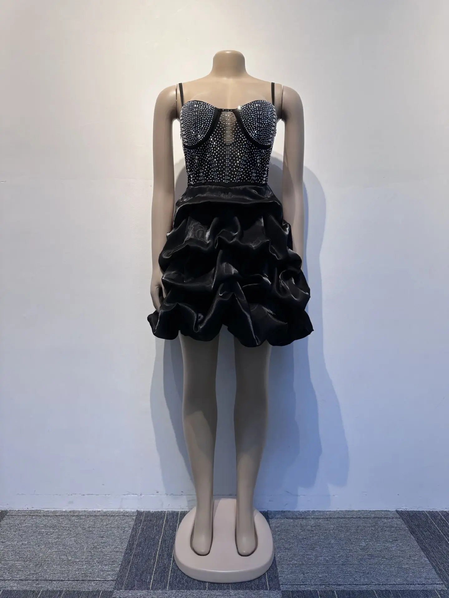 CM.YAYA Women Mesh Diamonds Hot Rhinestones Cake Style Big Swing Strap Bodycon Midi Dress 2023 Sexy Party Even Dresses Vestidos