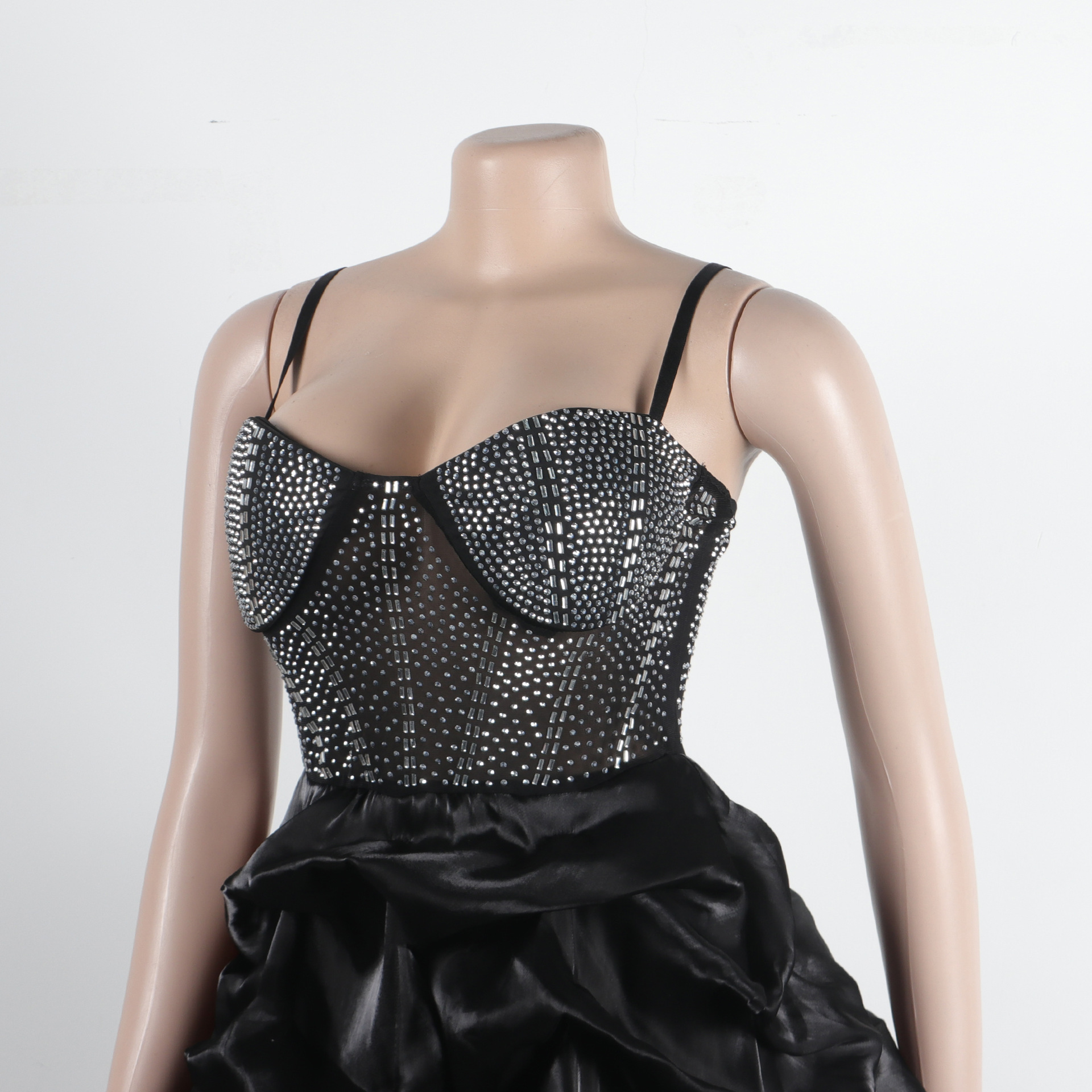 CM.YAYA Women Mesh Diamonds Hot Rhinestones Cake Style Big Swing Strap Bodycon Midi Dress 2023 Sexy Party Even Dresses Vestidos