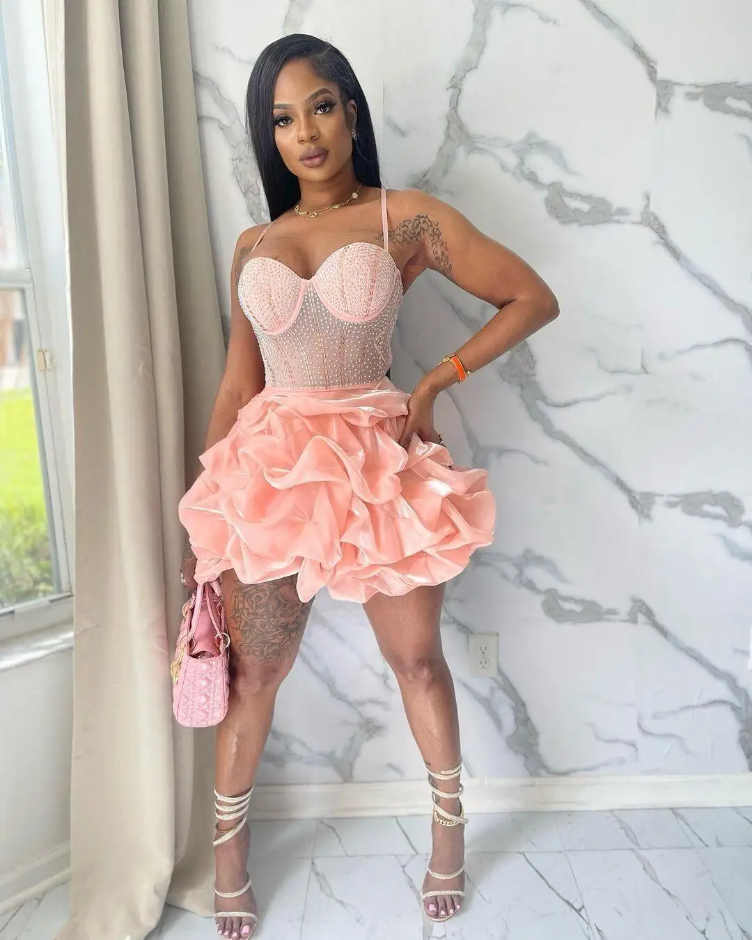 CM.YAYA Women Mesh Diamonds Hot Rhinestones Cake Style Big Swing Strap Bodycon Midi Dress 2023 Sexy Party Even Dresses Vestidos