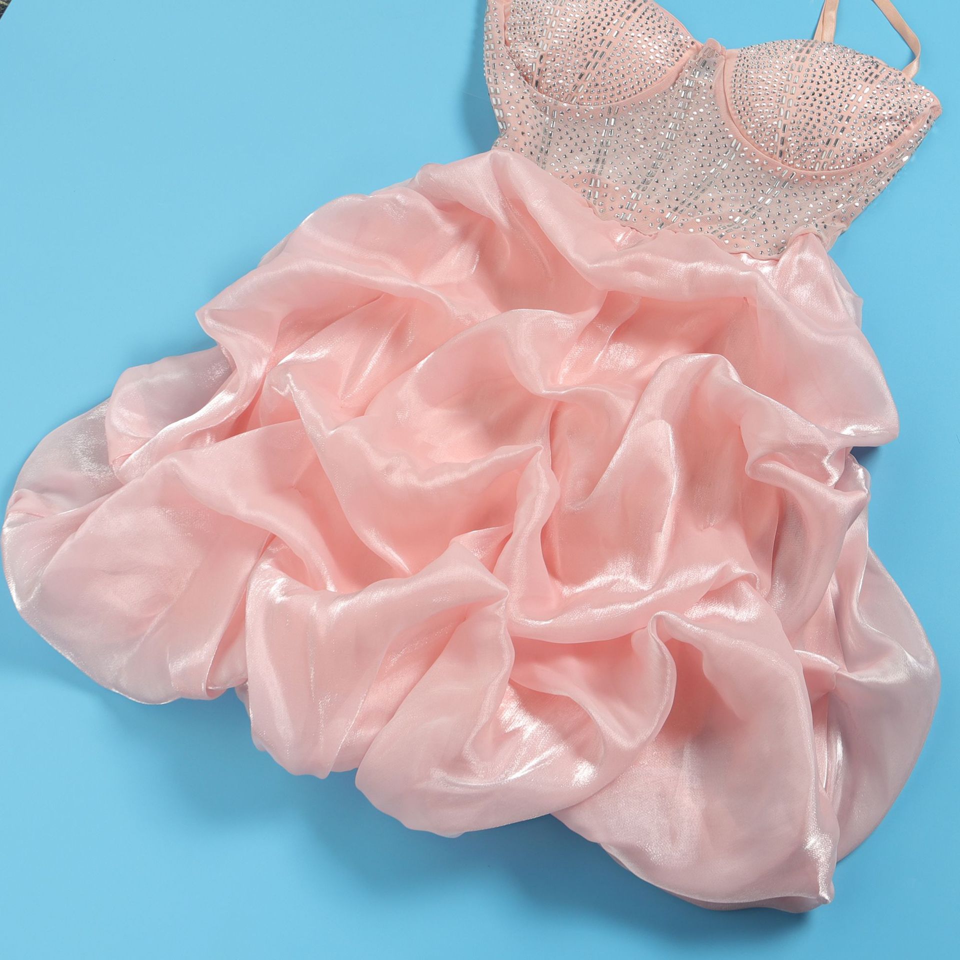 CM.YAYA Women Mesh Diamonds Hot Rhinestones Cake Style Big Swing Strap Bodycon Midi Dress 2023 Sexy Party Even Dresses Vestidos