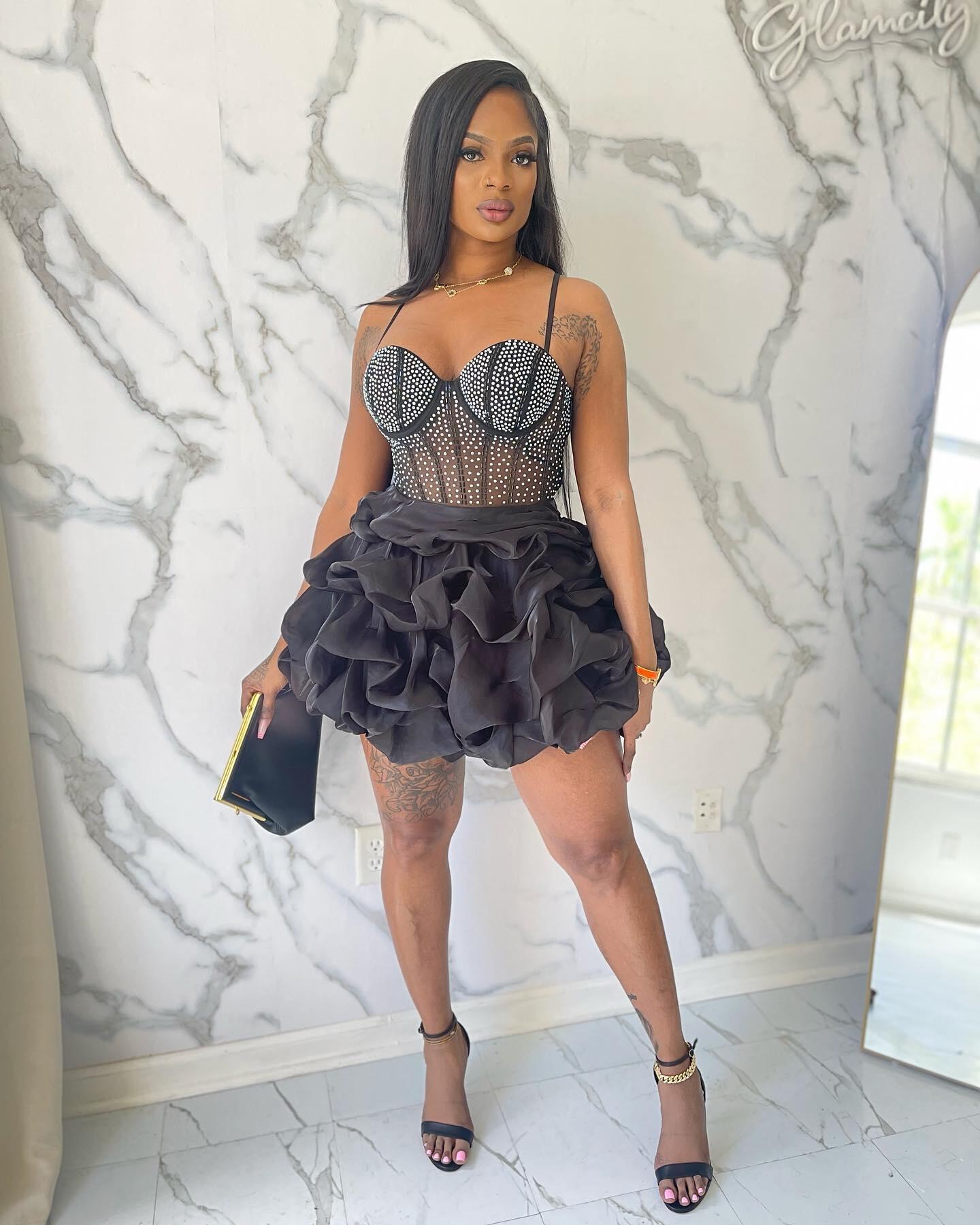 CM.YAYA Women Mesh Diamonds Hot Rhinestones Cake Style Big Swing Strap Bodycon Midi Dress 2023 Sexy Party Even Dresses Vestidos