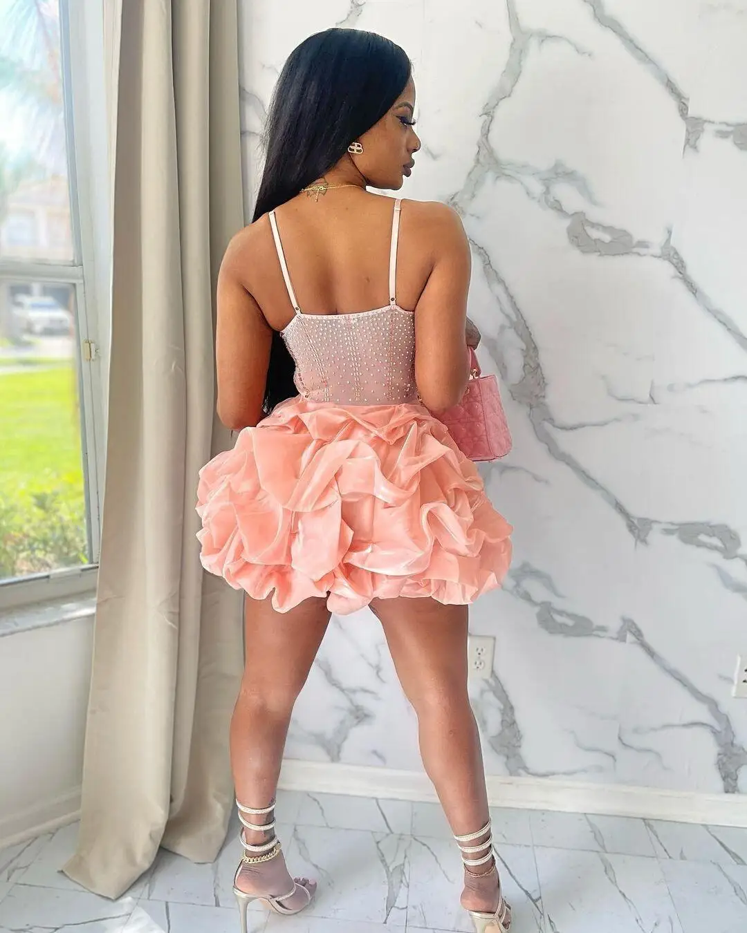 CM.YAYA Women Mesh Diamonds Hot Rhinestones Cake Style Big Swing Strap Bodycon Midi Dress 2023 Sexy Party Even Dresses Vestidos