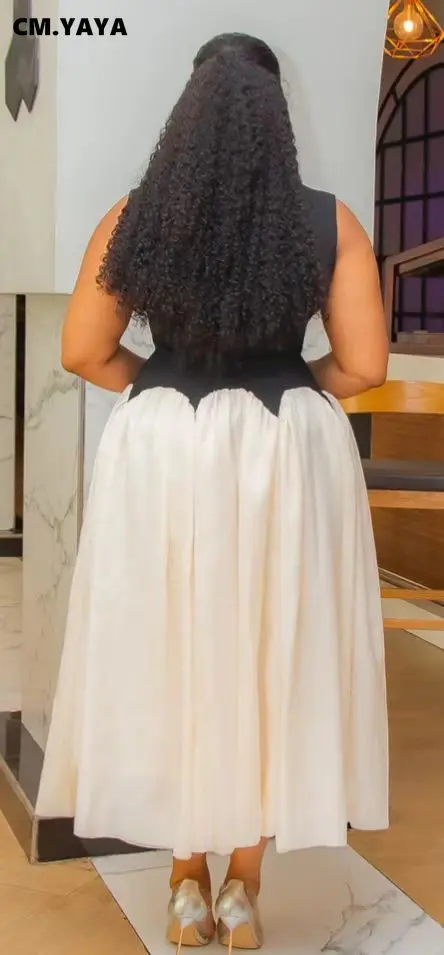 CM.YAYA Summer Elegant Sleeveless Sweet O-Neck Patchwork Long Women Dress Beach Party Evening Sexy Pleated Big Swing Dresses