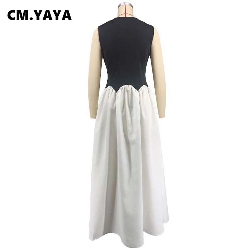 CM.YAYA Summer Elegant Sleeveless Sweet O-Neck Patchwork Long Women Dress Beach Party Evening Sexy Pleated Big Swing Dresses