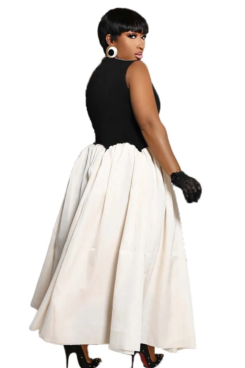 CM.YAYA Summer Elegant Sleeveless Sweet O-Neck Patchwork Long Women Dress Beach Party Evening Sexy Pleated Big Swing Dresses