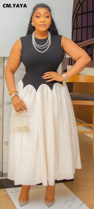 CM.YAYA Summer Elegant Sleeveless Sweet O-Neck Patchwork Long Women Dress Beach Party Evening Sexy Pleated Big Swing Dresses