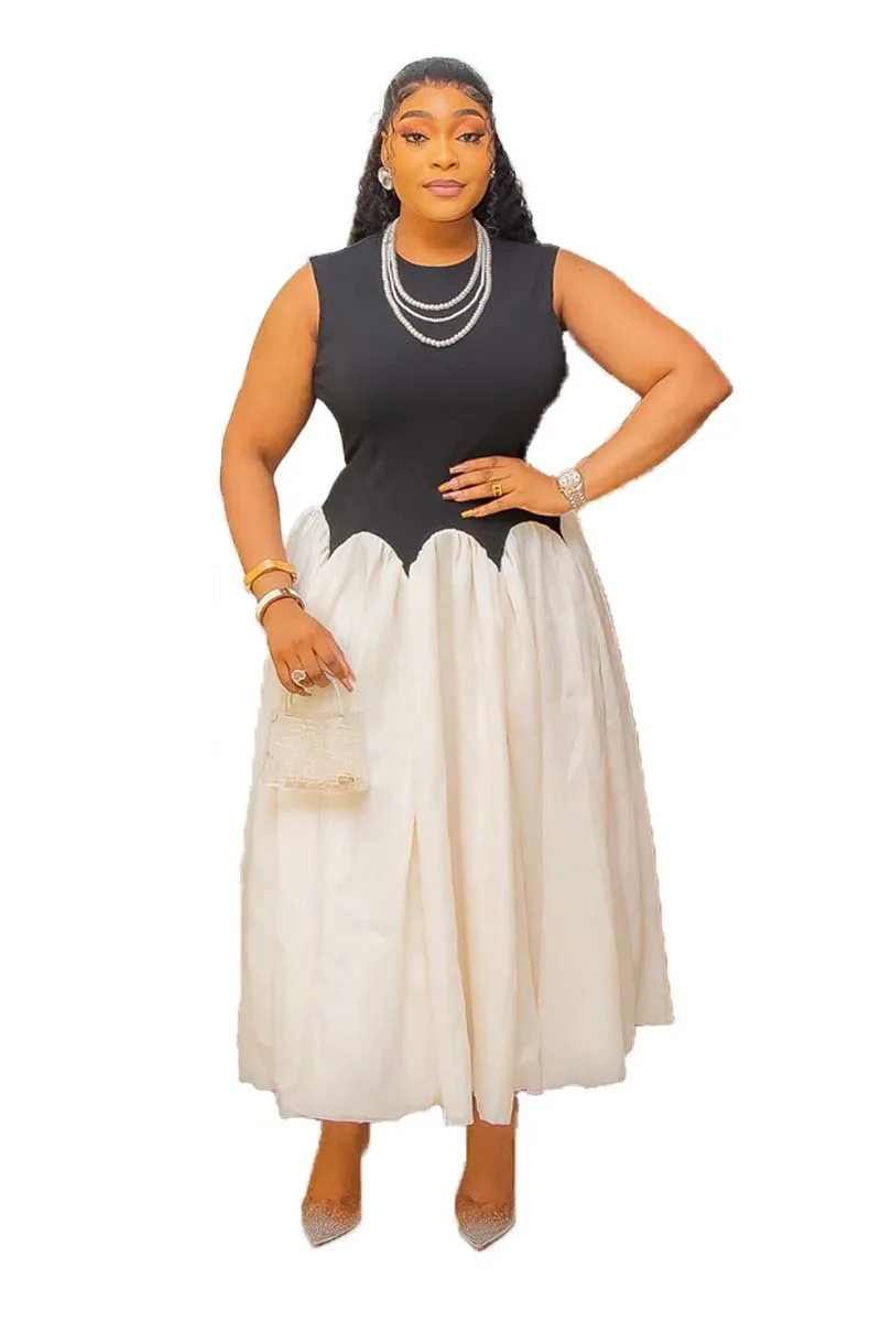 CM.YAYA Summer Elegant Sleeveless Sweet O-Neck Patchwork Long Women Dress Beach Party Evening Sexy Pleated Big Swing Dresses