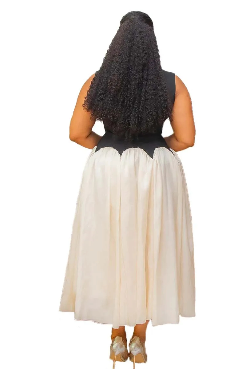 CM.YAYA Summer Elegant Sleeveless Sweet O-Neck Patchwork Long Women Dress Beach Party Evening Sexy Pleated Big Swing Dresses