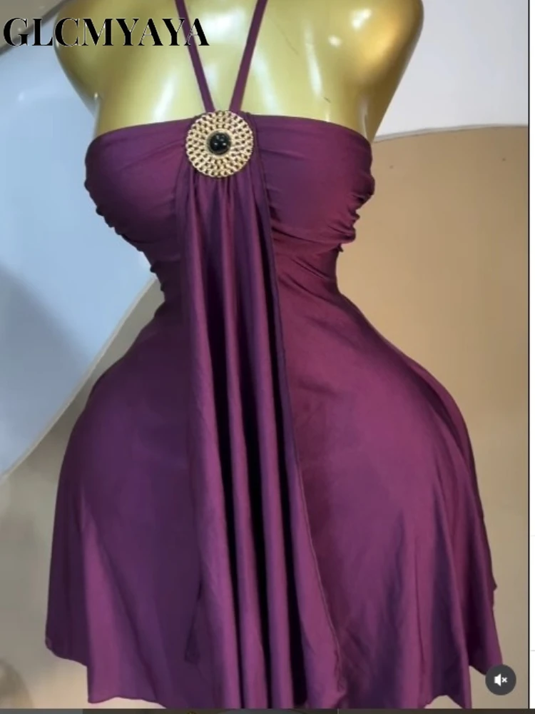 CM.YAYA Women Halter Neck Sleeveless A-line Midi Mini Dress 2026 Street Beach Vacation Party Holiday Dresses Trendy Vestidos