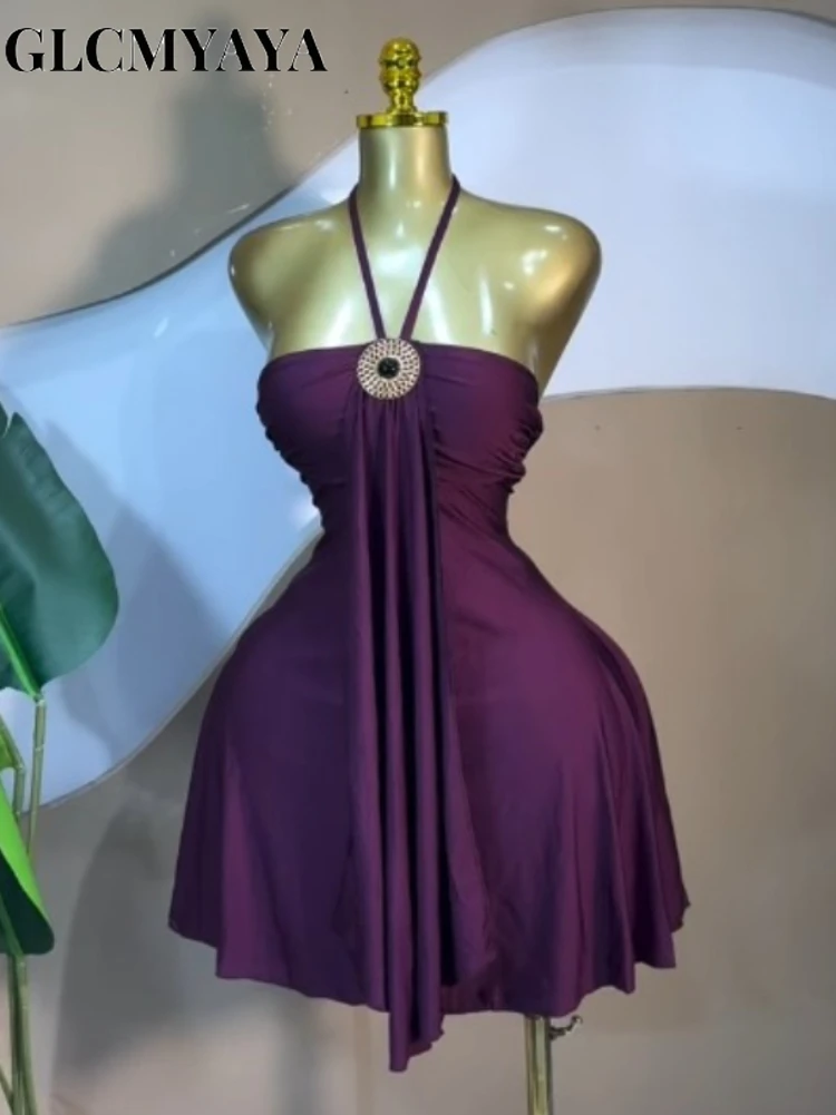 CM.YAYA Women Halter Neck Sleeveless A-line Midi Mini Dress 2026 Street Beach Vacation Party Holiday Dresses Trendy Vestidos