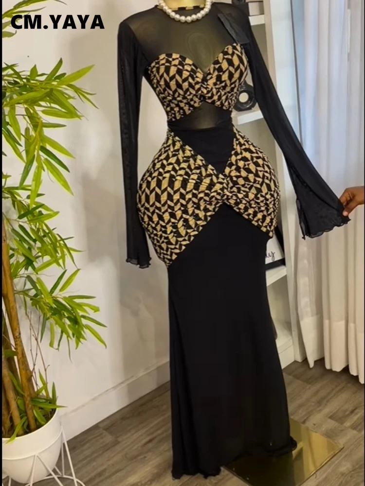 CM.YAYA Women Houndstooth Printed Long Sleeve Draped Ruched Bodycon Midi Mini Dress 2025 Vacation Sexy Party Evening Dresses