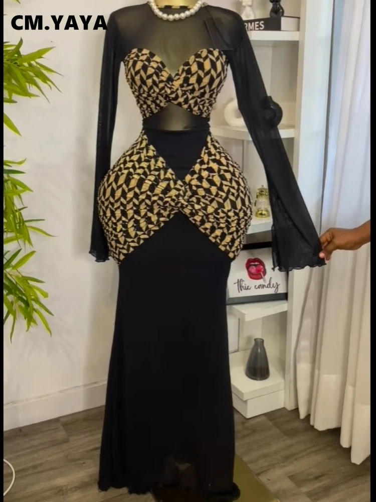 CM.YAYA Women Houndstooth Printed Long Sleeve Draped Ruched Bodycon Midi Mini Dress 2025 Vacation Sexy Party Evening Dresses