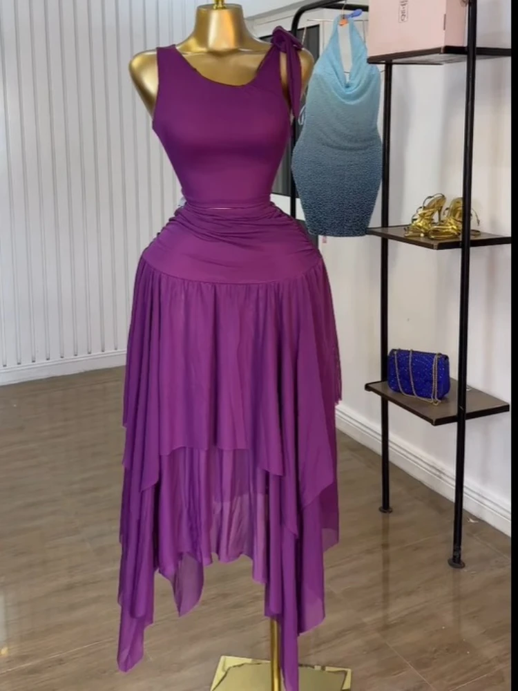 CM.YAYA Women Tie Up Shoulder Sleeveless Knit Tank Top and Irregular Maxi Long Skirt Suit 2025 Summer Two 2 Piece Set Outfits