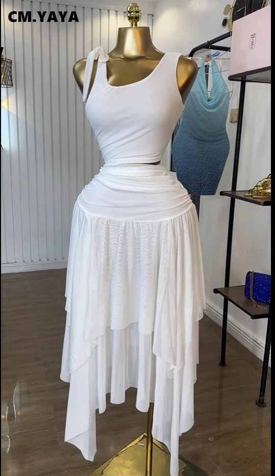 CM.YAYA Women Tie Up Shoulder Sleeveless Knit Tank Top and Irregular Maxi Long Skirt Suit 2025 Summer Two 2 Piece Set Outfits