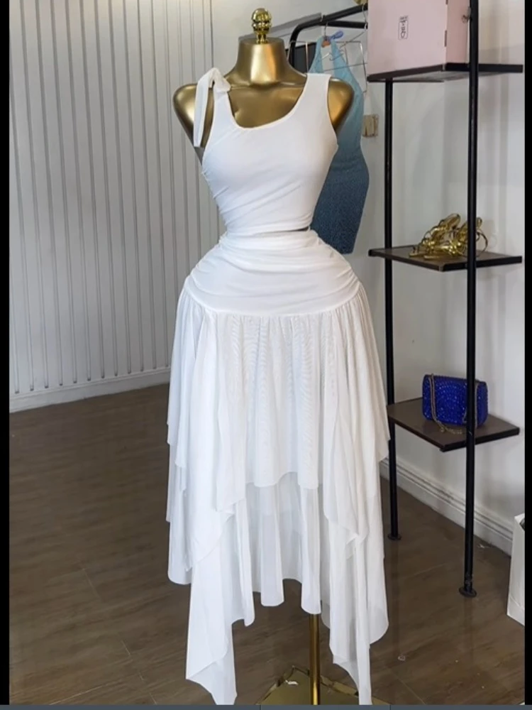 CM.YAYA Women Tie Up Shoulder Sleeveless Knit Tank Top and Irregular Maxi Long Skirt Suit 2025 Summer Two 2 Piece Set Outfits